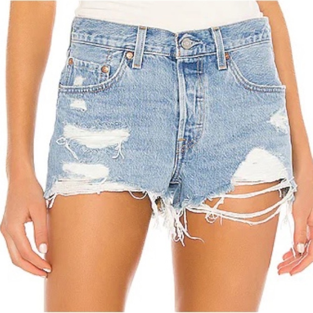 Levis Premium 501 Distressed Denim Cutoff Shorts Size‎ 29 Medium Wash